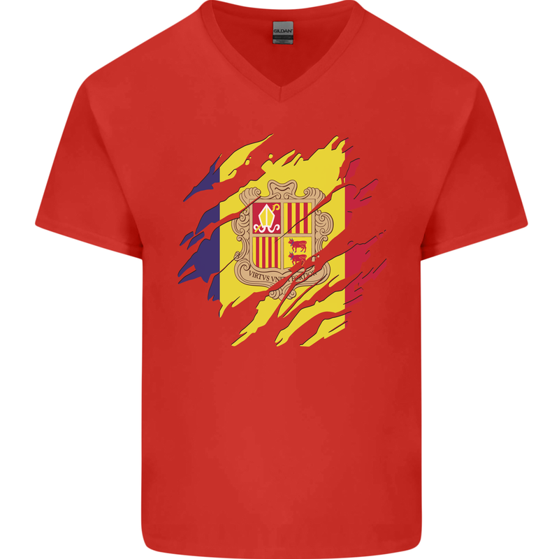 Torn Andorra Flag Andorran Day Football Mens V-Neck Cotton T-Shirt Red