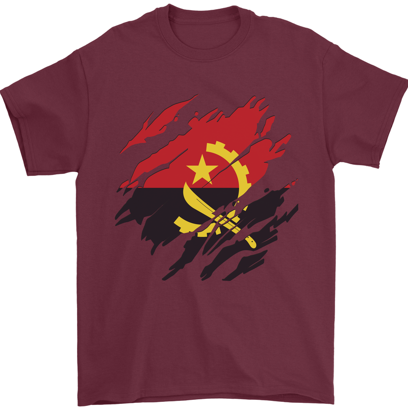 Torn Angola Flag Angolan Day Football Mens T-Shirt 100% Cotton Maroon