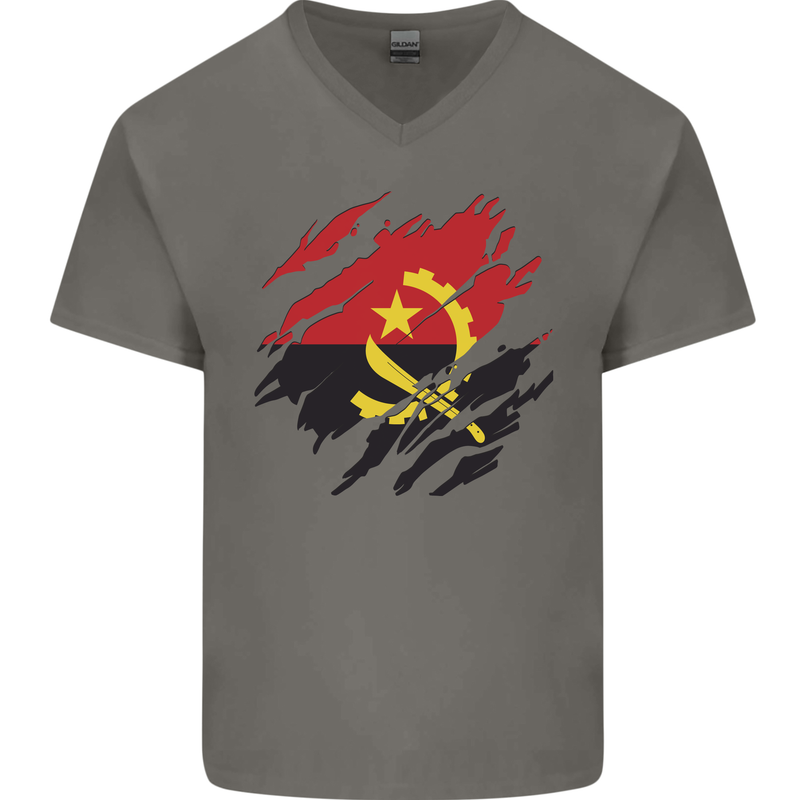 Torn Angola Flag Angolan Day Football Mens V-Neck Cotton T-Shirt Charcoal
