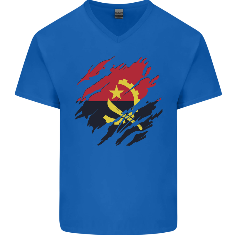 Torn Angola Flag Angolan Day Football Mens V-Neck Cotton T-Shirt Royal Blue