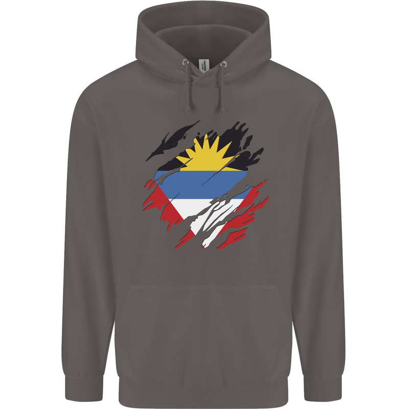 Torn Antigua and Barbuda Flag Day Football Mens 80% Cotton Hoodie Charcoal