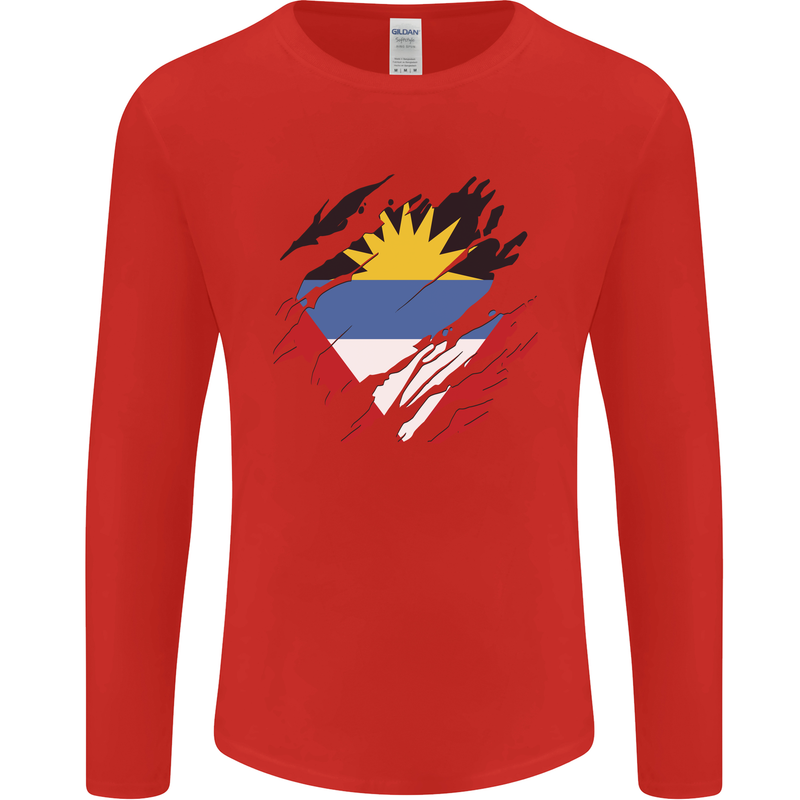 Torn Antigua and Barbuda Flag Day Football Mens Long Sleeve T-Shirt Red
