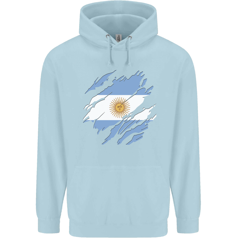 Torn Argentina Flag Argentinian Day Football Childrens Kids Hoodie Light Blue