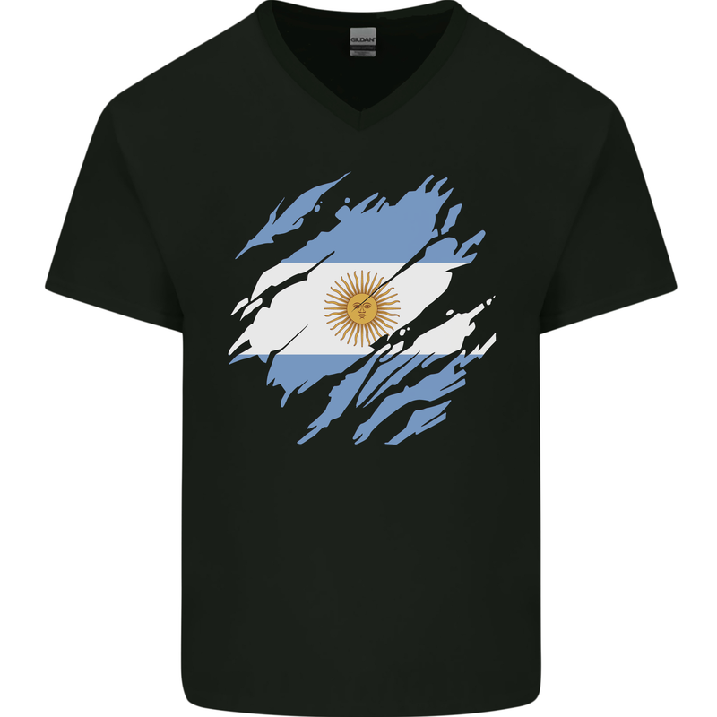 Torn Argentina Flag Argentinian Day Football Mens V-Neck Cotton T-Shirt Black