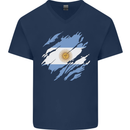 Torn Argentina Flag Argentinian Day Football Mens V-Neck Cotton T-Shirt Navy Blue