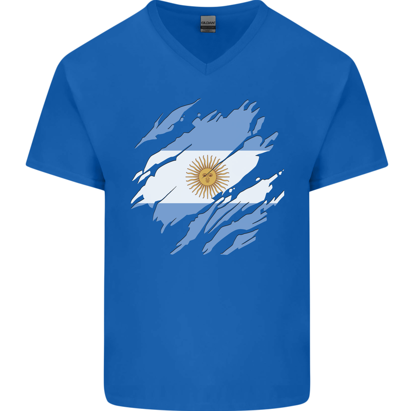 Torn Argentina Flag Argentinian Day Football Mens V-Neck Cotton T-Shirt Royal Blue