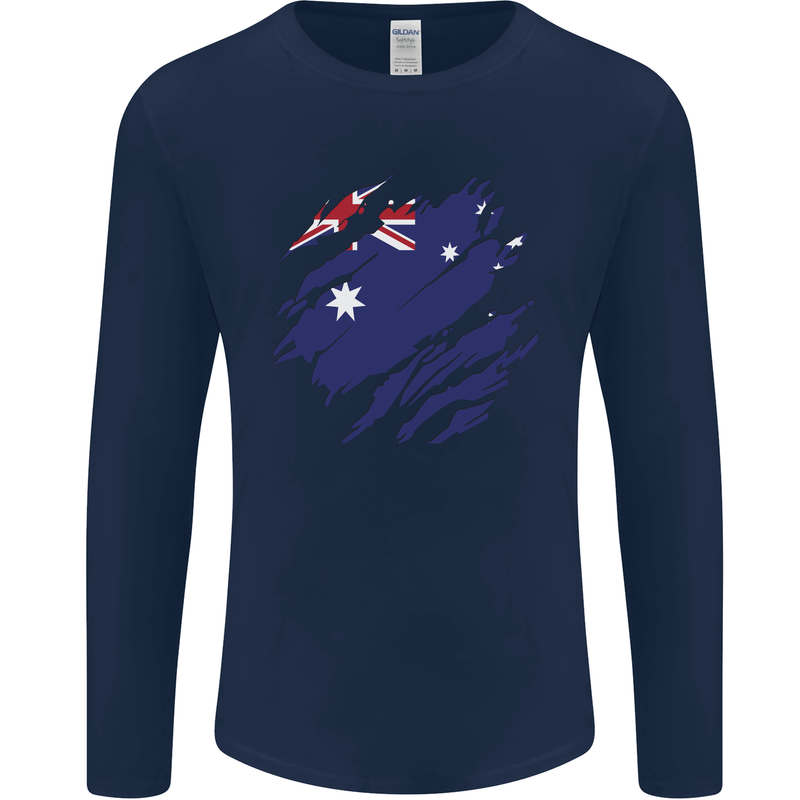 Torn Australia Flag Australian Day Football Mens Long Sleeve T-Shirt Navy Blue