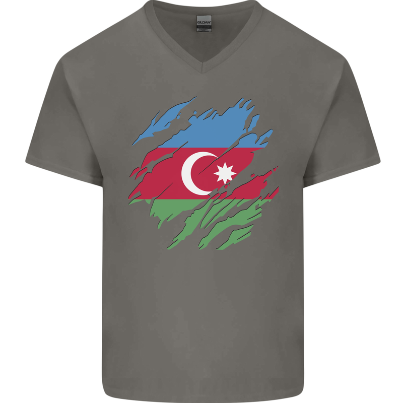 Torn Azerbaijan Flag Azerbaijani Day Football Mens V-Neck Cotton T-Shirt Charcoal