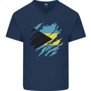 Torn Bahamas Flag Bahamians Day Football Mens V-Neck Cotton T-Shirt Navy Blue