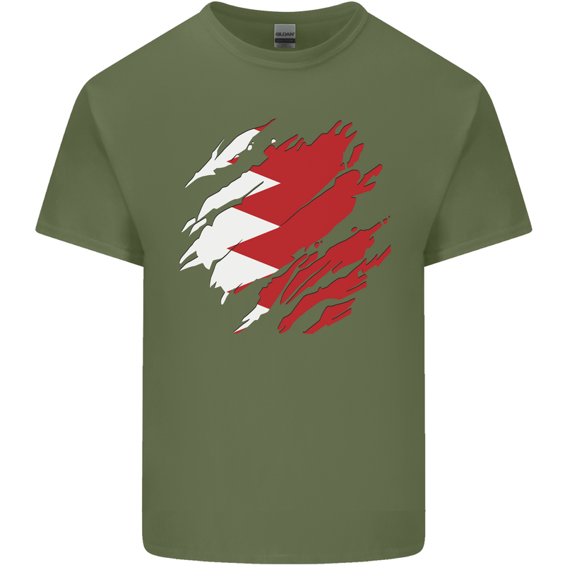 Torn Bahrain Flag Bahraini Day Football Mens Cotton T-Shirt Tee Top Military Green