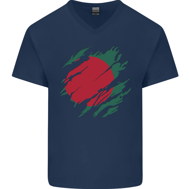 Torn Bangladesh Flag Bangladeshi Day Football Mens V-Neck Cotton T-Shirt Navy Blue