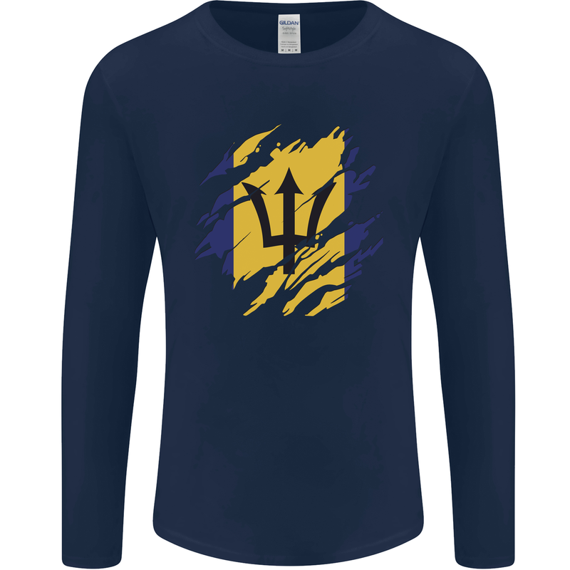 Torn Barbados Flag Barbadians Day Football Mens Long Sleeve T-Shirt Navy Blue