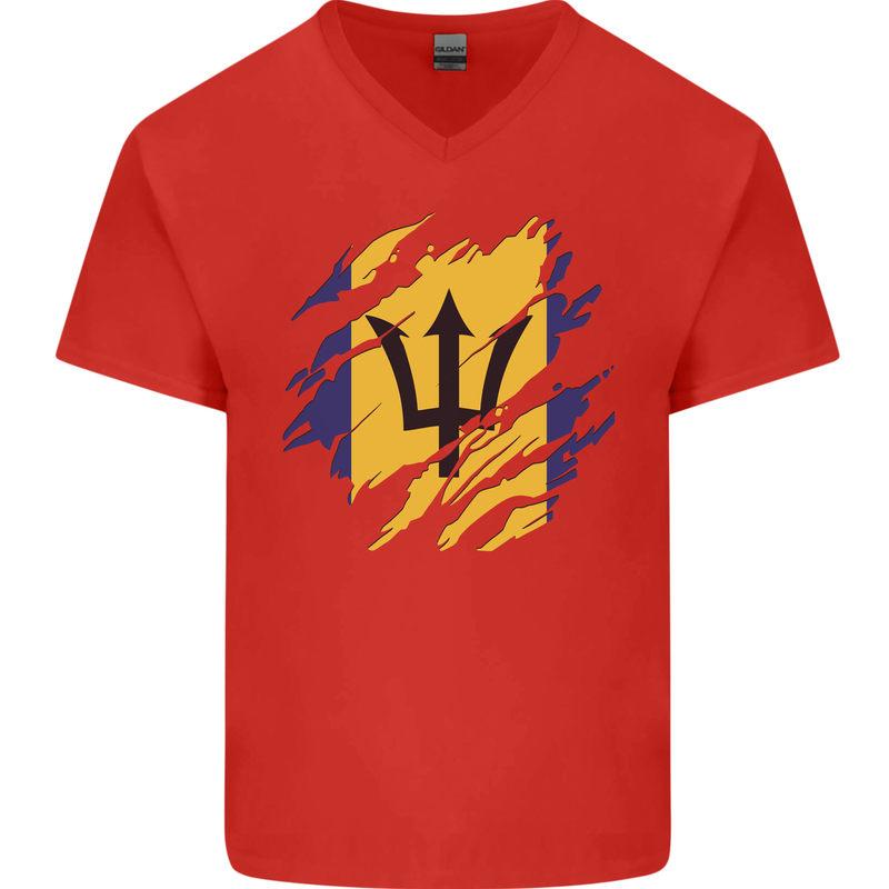 Torn Barbados Flag Barbadians Day Football Mens V-Neck Cotton T-Shirt Red