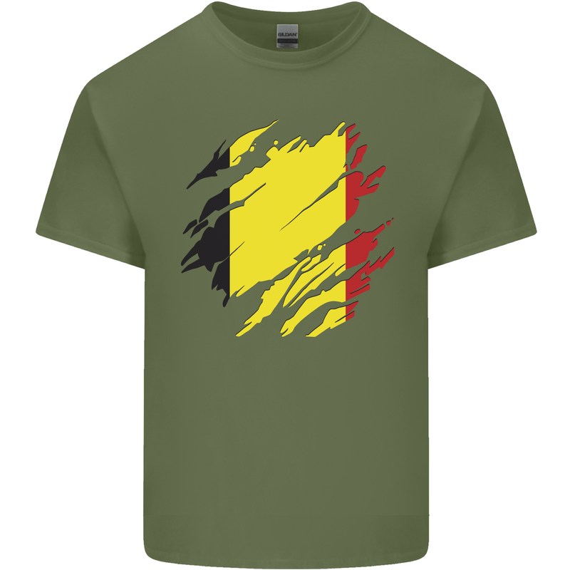 Torn Belgium Flag Belgian Day Football Mens Cotton T-Shirt Tee Top Military Green