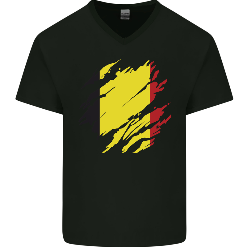 Torn Belgium Flag Belgian Day Football Mens V-Neck Cotton T-Shirt Black