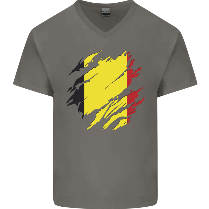 Torn Belgium Flag Belgian Day Football Mens V-Neck Cotton T-Shirt Charcoal