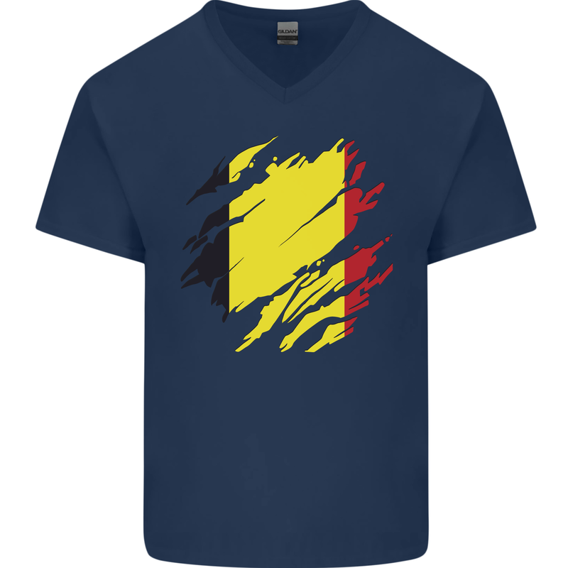 Torn Belgium Flag Belgian Day Football Mens V-Neck Cotton T-Shirt Navy Blue
