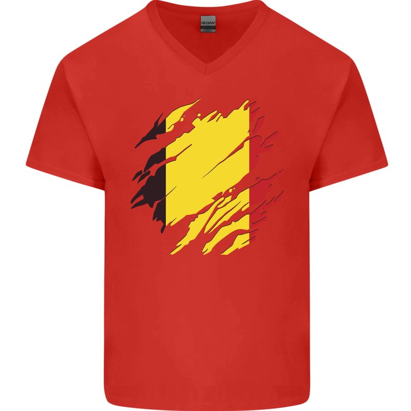 Torn Belgium Flag Belgian Day Football Mens V-Neck Cotton T-Shirt Red