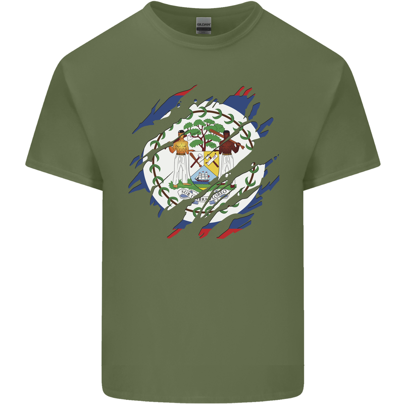 Torn Belize Flag Belizean Day Football Mens Cotton T-Shirt Tee Top Military Green