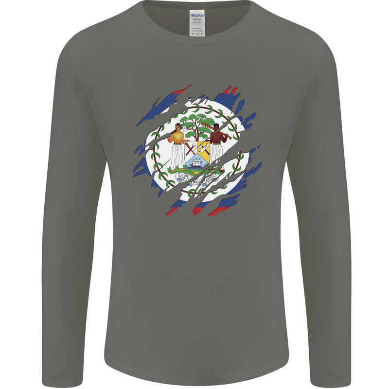 Torn Belize Flag Belizean Day Football Mens Long Sleeve T-Shirt Charcoal