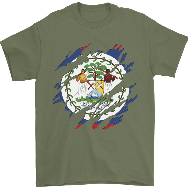 Torn Belize Flag Belizean Day Football Mens T-Shirt 100% Cotton Military Green
