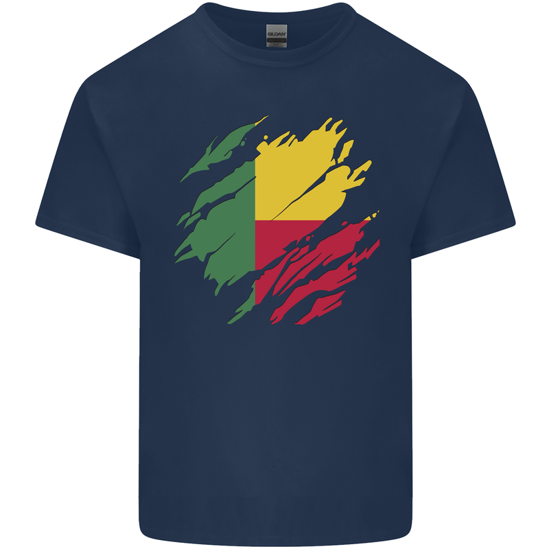 Torn Benin Flag Beninese Day Football Mens Cotton T-Shirt Tee Top Navy Blue