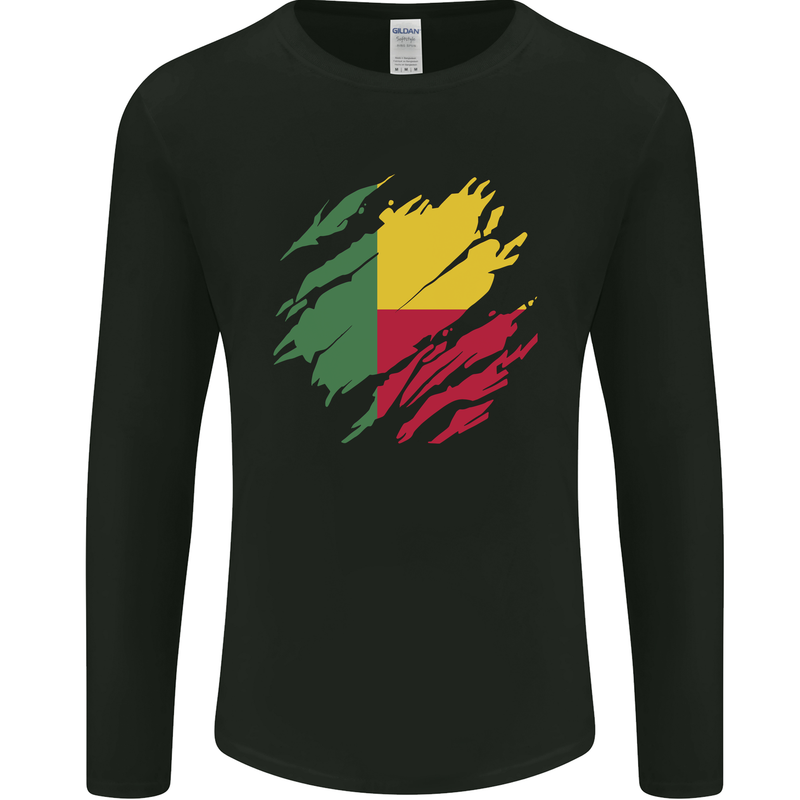 Torn Benin Flag Beninese Day Football Mens Long Sleeve T-Shirt Black