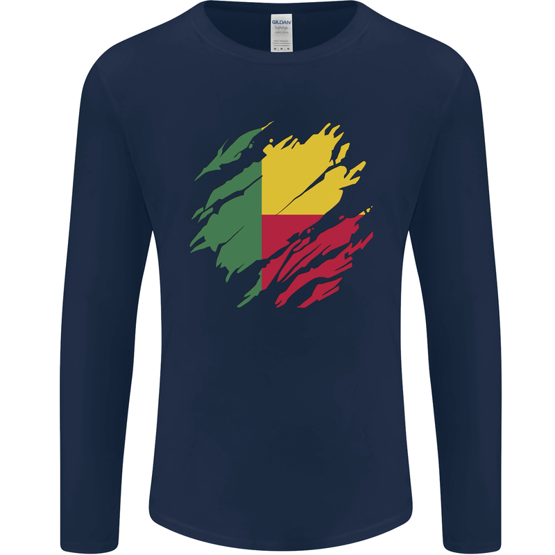 Torn Benin Flag Beninese Day Football Mens Long Sleeve T-Shirt Navy Blue