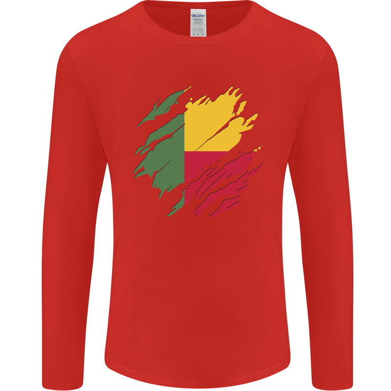 Torn Benin Flag Beninese Day Football Mens Long Sleeve T-Shirt Red