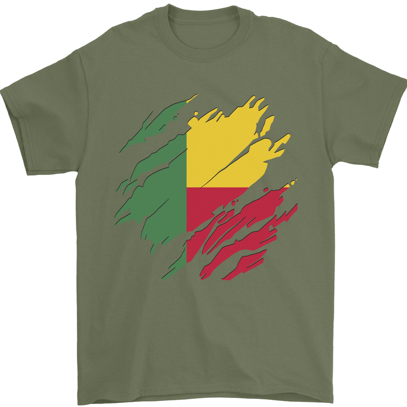 Torn Benin Flag Beninese Day Football Mens T-Shirt 100% Cotton Military Green