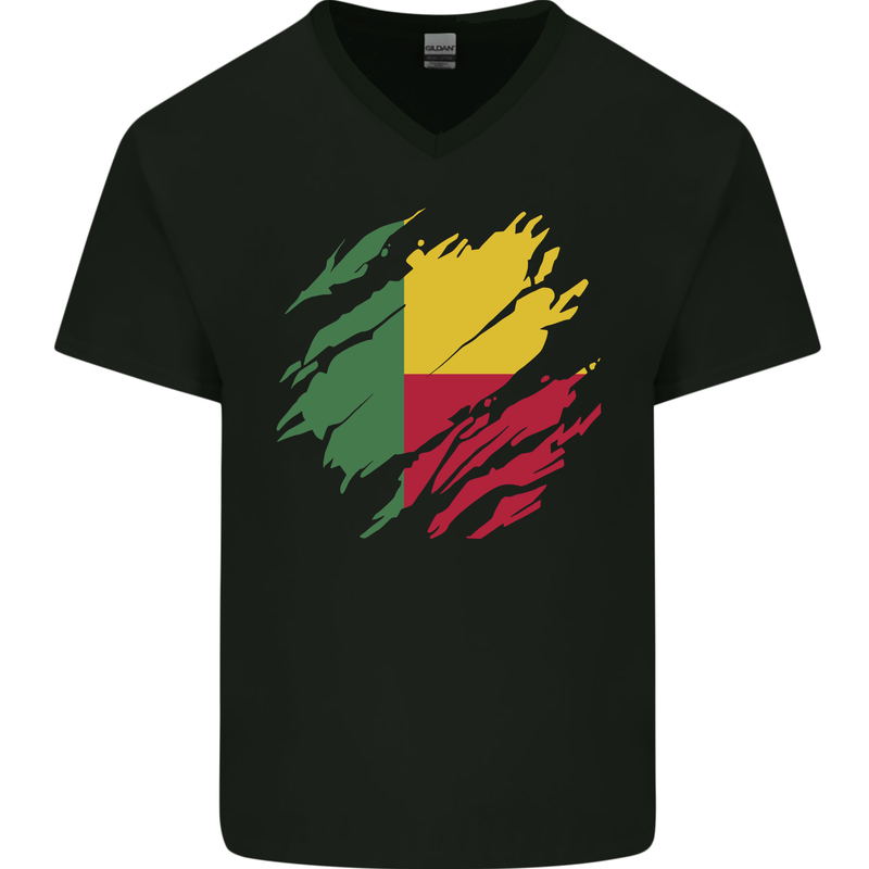 Torn Benin Flag Beninese Day Football Mens V-Neck Cotton T-Shirt Black