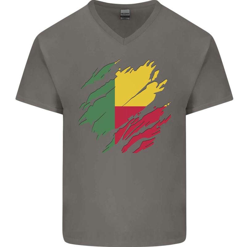 Torn Benin Flag Beninese Day Football Mens V-Neck Cotton T-Shirt Charcoal