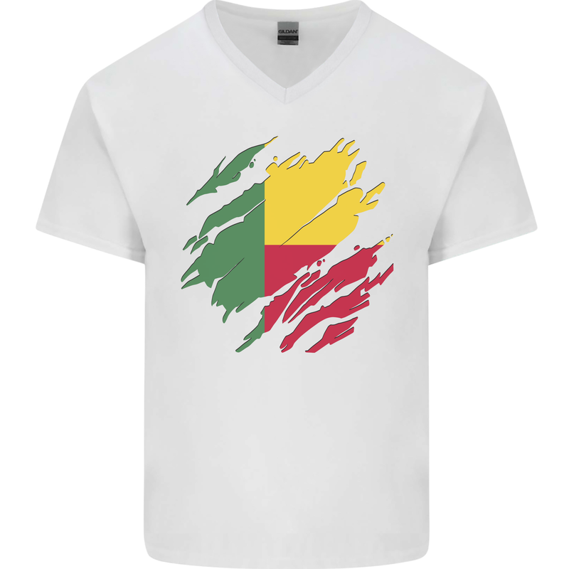 Torn Benin Flag Beninese Day Football Mens V-Neck Cotton T-Shirt White
