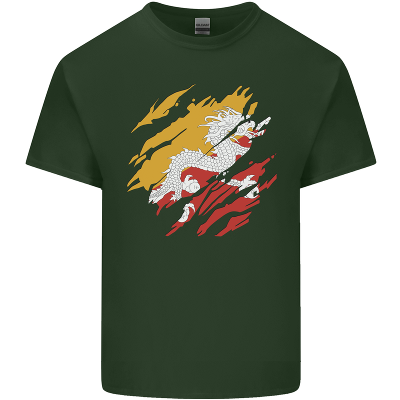 Torn Bhutan Flag Bhutanese Day Football Mens Cotton T-Shirt Tee Top Forest Green