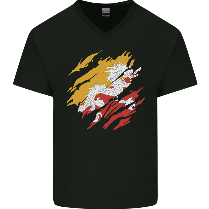 Torn Bhutan Flag Bhutanese Day Football Mens V-Neck Cotton T-Shirt Black