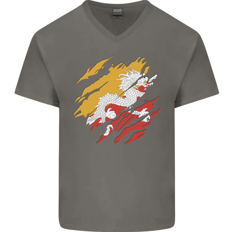 Torn Bhutan Flag Bhutanese Day Football Mens V-Neck Cotton T-Shirt Charcoal