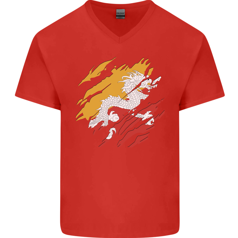 Torn Bhutan Flag Bhutanese Day Football Mens V-Neck Cotton T-Shirt Red