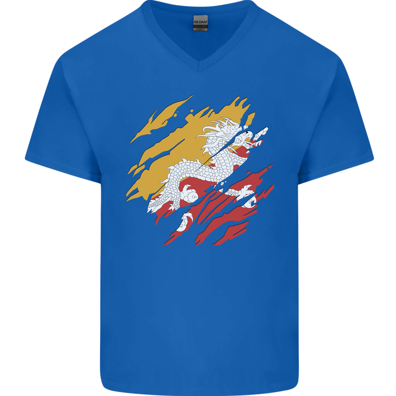 Torn Bhutan Flag Bhutanese Day Football Mens V-Neck Cotton T-Shirt Royal Blue