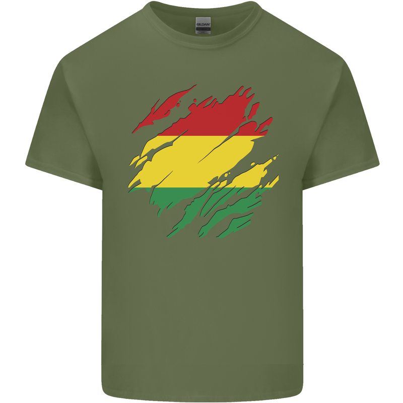 Torn Bolivia Flag Bolivian Day Football Mens Cotton T-Shirt Tee Top Military Green