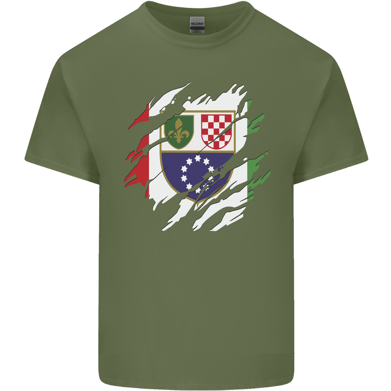 Torn Bosnia and Herzegovina Flag Day Football Mens Cotton T-Shirt Tee Top Military Green