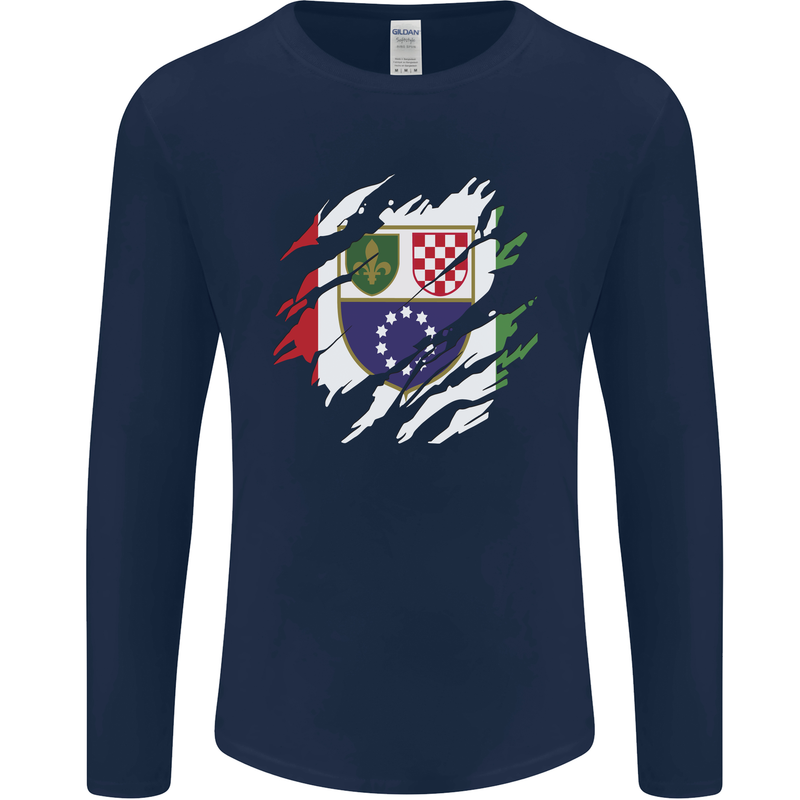 Torn Bosnia and Herzegovina Flag Day Football Mens Long Sleeve T-Shirt Navy Blue