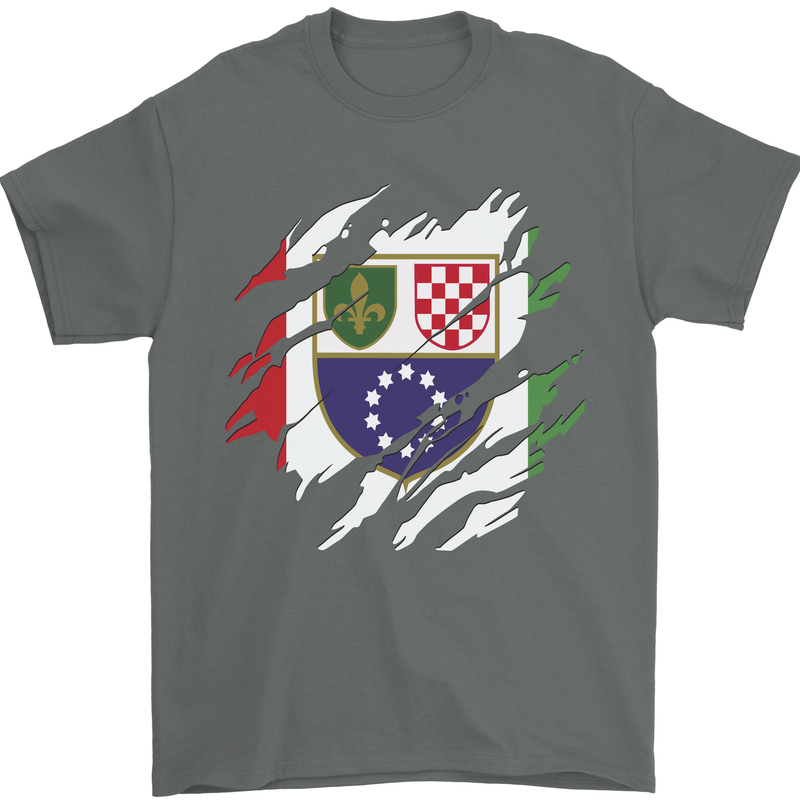 Torn Bosnia and Herzegovina Flag Day Football Mens T-Shirt 100% Cotton Charcoal