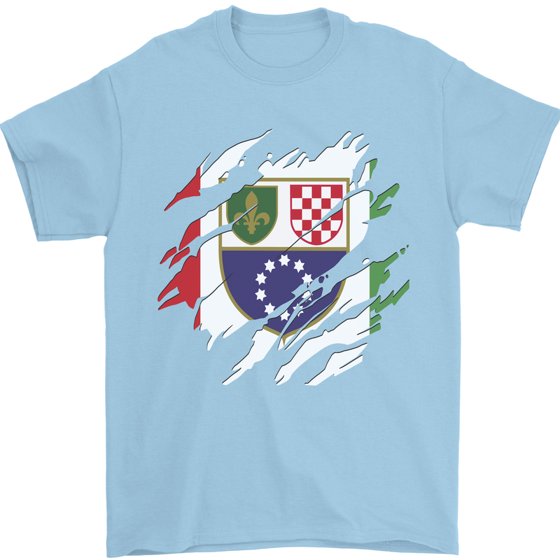 Torn Bosnia and Herzegovina Flag Day Football Mens T-Shirt 100% Cotton Light Blue