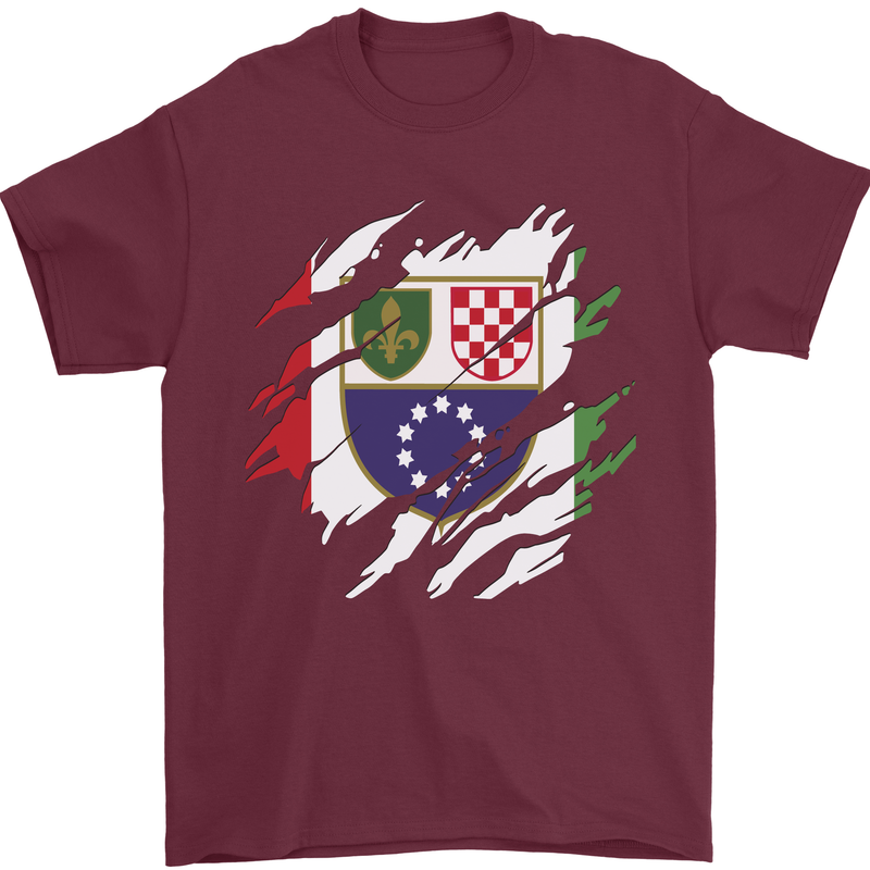 Torn Bosnia and Herzegovina Flag Day Football Mens T-Shirt 100% Cotton Maroon
