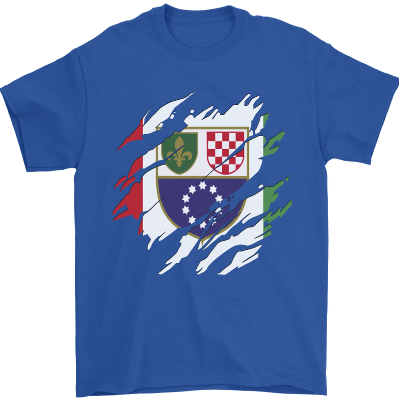 Torn Bosnia and Herzegovina Flag Day Football Mens T-Shirt 100% Cotton Royal Blue