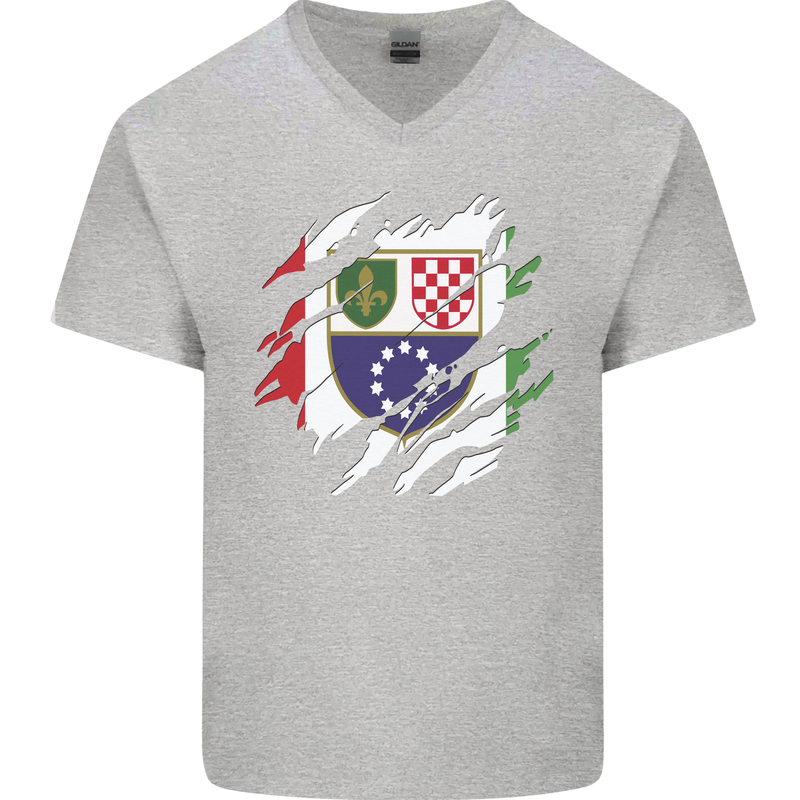 Torn Bosnia and Herzegovina Flag Day Football Mens V-Neck Cotton T-Shirt Sports Grey