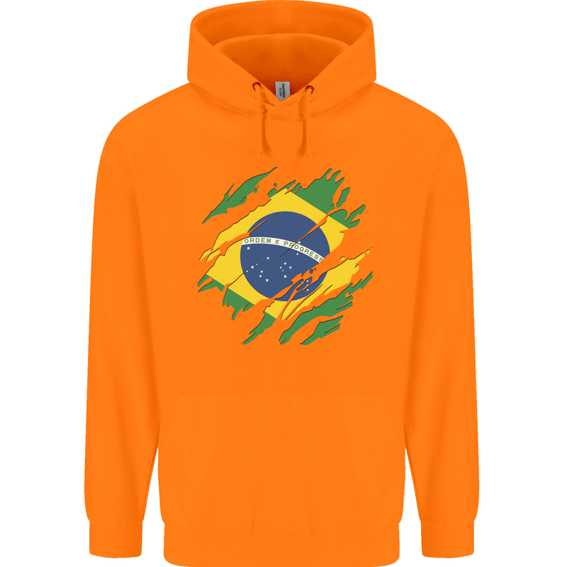 Torn Brazil Flag Brazilian Day Football Childrens Kids Hoodie Orange