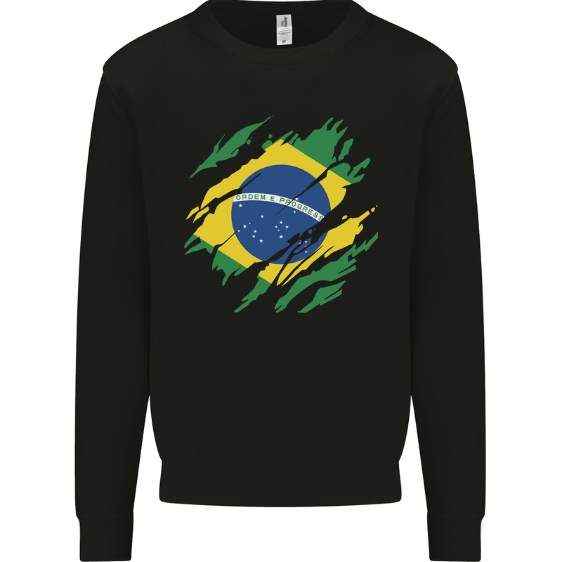 Torn Brazil Flag Brazilian Day Football Kids Sweatshirt Jumper Black