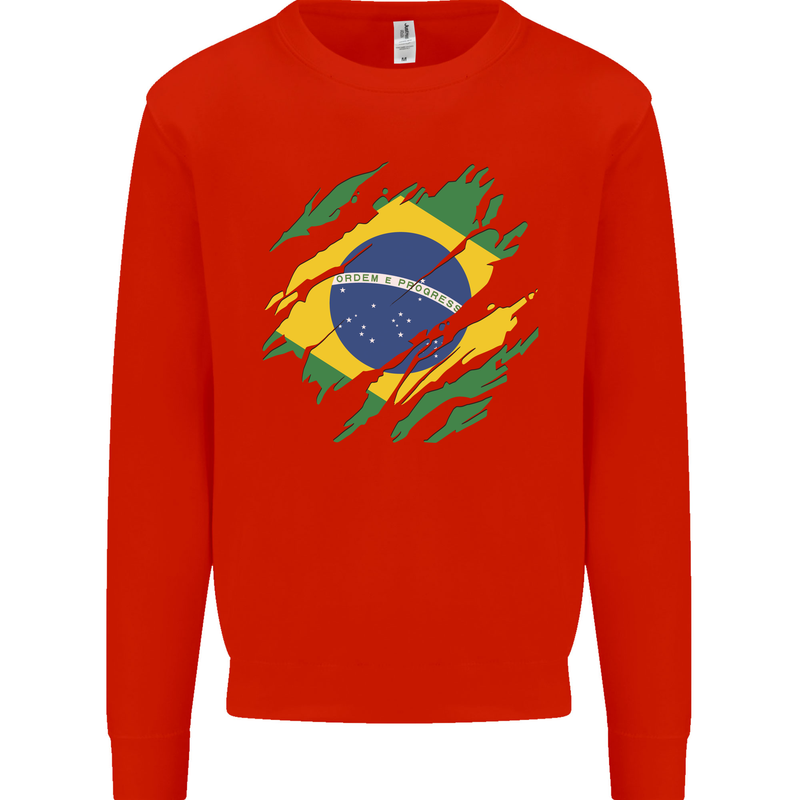 Torn Brazil Flag Brazilian Day Football Kids Sweatshirt Jumper Bright Red