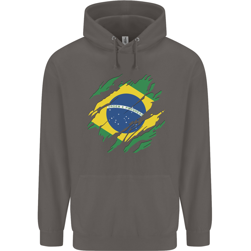 Torn Brazil Flag Brazilian Day Football Mens 80% Cotton Hoodie Charcoal